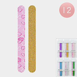 12 Set of 2 - Heart Glittered Patterned Nail Files