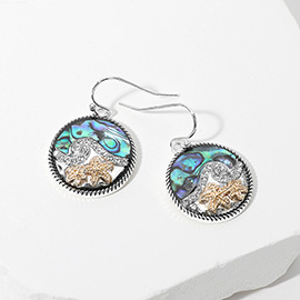 Two Tone Starfish Abalone Stone Paved Wave Round Dangle Earrings