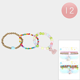 12 SET OF 3 - Easter Bunny Charm Heart Beaded Stretch Bracelets