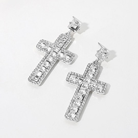 Square Glass Stone Cross Dangle Earrings