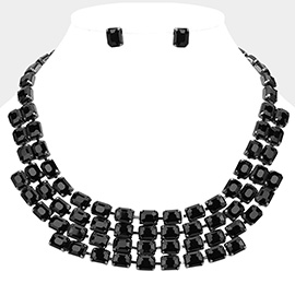 Emerald Cut Glass Stone Cluster Layered Collar Evening Necklace