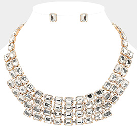 Emerald Cut Glass Stone Cluster Layered Collar Evening Necklace