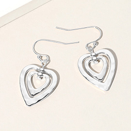 Hammered Metal Double Open Heart Layered Dangle Earrings