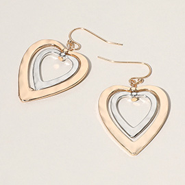 Hammered Metal Double Open Heart Layered Dangle Earrings