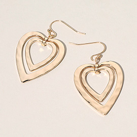 Hammered Metal Double Open Heart Layered Dangle Earrings