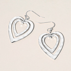 Hammered Metal Double Open Heart Layered Dangle Earrings