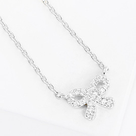 White Gold Dipped CZ Stone Paved Bow Pendant Necklace