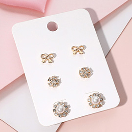 3Pairs - Stone Paved Pearl Cluster Metal Bow Stud Earring Set