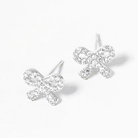 White Gold Dipped CZ Stone Paved Bow Mini Stud Earrings