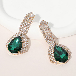 Teardrop Glass Stone Pointed Rhinestone Paved Evening Earrings