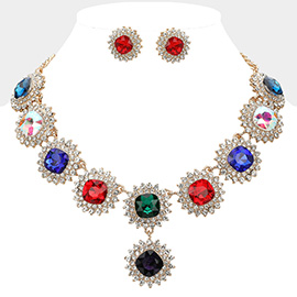 Round Glass Stone Cluster Link Evening Necklace