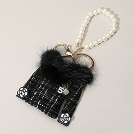 Fuzzy Neck Flower Cuff Tweed Jacket Pearl Chain Bag Charm / Keychain