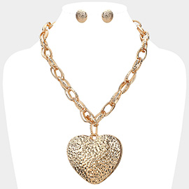 Textured Metal Heart Pendant Chunky Industrial Chain Statement Necklace