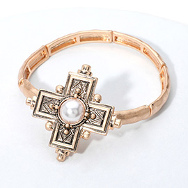 Pearl Pointed Antique Cross Stretch Bracelet