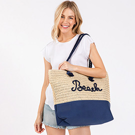 BEACH Message Embroidered Rope Handle Crochet Fabric Tote Bag / Beach Bag