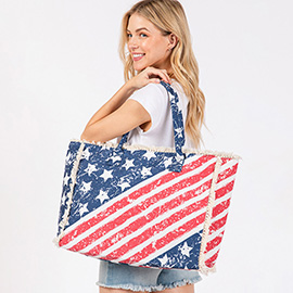 American Flag Printed Fringe Tote Bag / Beach Bag