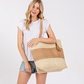 Two Tone Color Block Woven Tassel Straw Tote Bag / Beach Bag