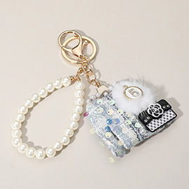 Sequin Beaded Pom Brooch Flower Handbag Tweed Jacket Pearl Chain Bag Charm / Keychain