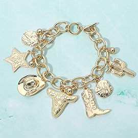 Metal Western Cowboy Boot Hat Steer Head Star Cactus Charm Station Toggle Bracelet