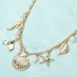 Textured Metal Sea Shell Starfish Seahorse Whale Tale Pearl Charm Station Necklace