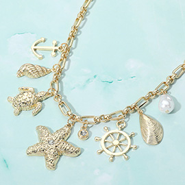 Textured Metal Starfish Shell Sea Turtle Anchor Pearl Charm Station Necklace