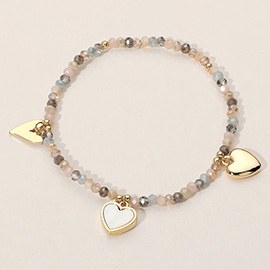 Metal Mother of Pearl Heart Charm Station Faceted Beaded Stretch Bracelet