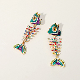 Stone Embellished Enamel Fish Bone Earrings