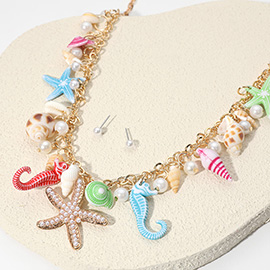 Pearl Starfish Seahorse Puka Shell Charm Embellished Necklace