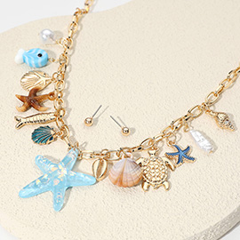 Starfish Sea Shell Puka Shell Fish Pearl Sea Turtle Charm Embellished Necklace