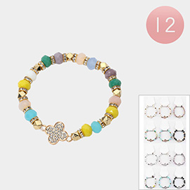 12PCS - Stone Paved Quatrefoil Faceted Beaded Stretch Bracelets