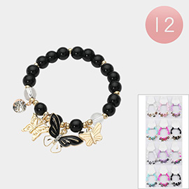 12PCS - Enamel Metal Butterfly Charm Beaded Stretch Bracelets