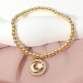 Stainless Steel Stone Paved Rim Confetti Crescent Star Pointed Round Charm Beaded Stretch Bracelet