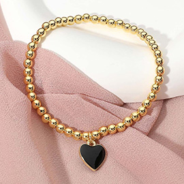 Stainless Steel Enamel Heart Charm Beaded Stretch Bracelet