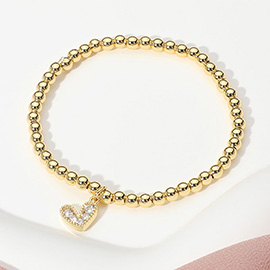 Stainless Steel Ball Heart Charm Beaded Stretch Bracelet