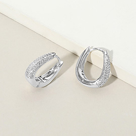 White Gold Dipped CZ Stone Paved Oval Huggie Hoop Earrings