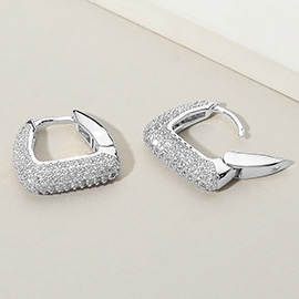 White Gold Dipped CZ Stone Paved Square Huggie Hoop Earrings