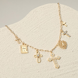 Stone Paved Cross Charm Station Necklace