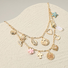 Sea Shell Puka Shell Cross Quatrefoil Stone Pearl Heart Ceramic Flower Charm Station Double Layered Necklace