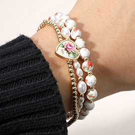 3PCS - Ceramic Floral Heart Charm Pearl Ceramic Metal Ball Beaded Stretch Multi Layered Bracelets