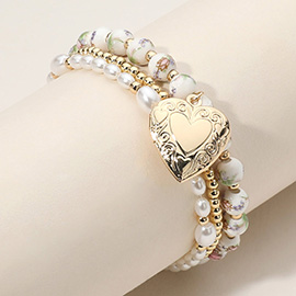 3PCS - Metal Heart Locket Charm Pearl Ceramic Metal Ball Beaded Stretch Multi Layered Bracelets