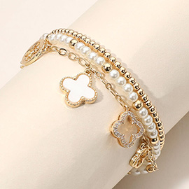 3PCS - Quatrefoil Charm Pearl Metal Ball Beaded Stretch Multi Layered Bracelets