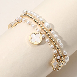 3PCS - Quatrefoil Clover Charm Pearl Metal Ball Beaded Stretch Multi Layered Bracelets