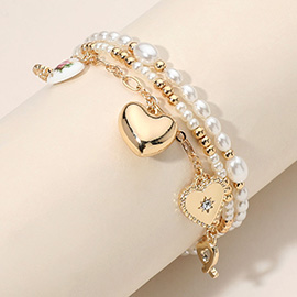 3PCS - Heart Charm Pearl Metal Ball Beaded Stretch Multi Layered Bracelets