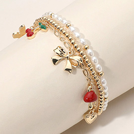 3PCS - Bow Cherry Mushroom Heart Charm Pearl Metal Ball Beaded Stretch Multi Layered Bracelets