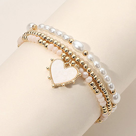 3PCS - Mother Of Pearl Heart Charm Pearl Beaded Stretch Multi Layered Bracelets