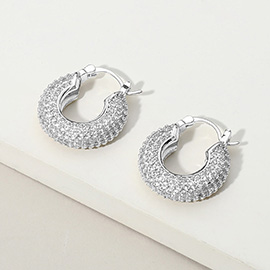 White Gold Dipped CZ Stone Paved Chunky Pin Catch Hoop Earrings