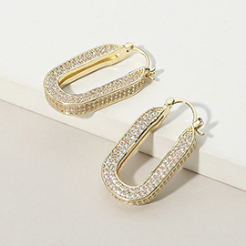 Gold Dipped CZ Stone Paved Oval Pin Catch Hoop Earrings