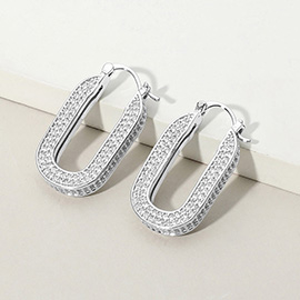 White Gold Dipped CZ Stone Paved Oval Pin Catch Hoop Earrings