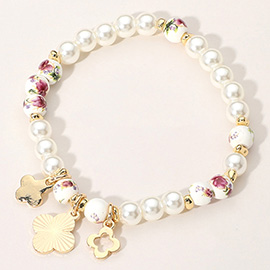 SECRET BOX_Triple Metal Quatrefoil Charm Pearl Floral Ceramic Ball Beaded Stretch Bracelet