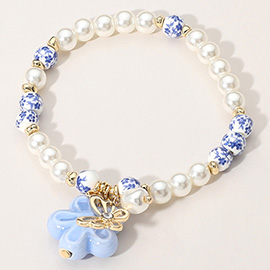 SECRET BOX_Ceramic Flower Metal Butterfly Charm Pearl Floral Ceramic Ball Beaded Stretch Bracelet